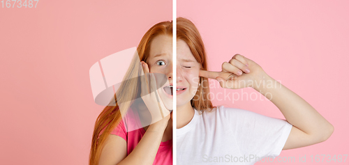 Image of Fun and creative combination of portraits of young girl with different emotions, various facial expression on splited studio background.