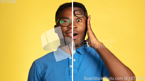 Image of Fun and creative combination of portraits of young guy with different emotions, various facial expression on splited studio background.