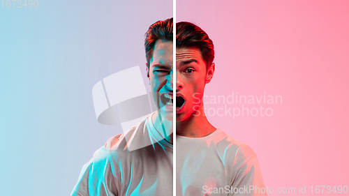 Image of Fun and creative combination of portraits of young guy with different emotions, various facial expression on splited studio background.