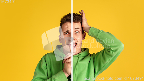 Image of Fun and creative combination of portraits of young guy with different emotions, various facial expression on splited studio background.