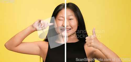 Image of Fun and creative combination of portraits of young girl with different emotions, various facial expression on splited studio background.