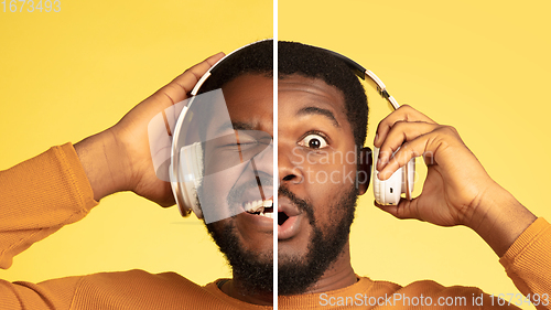 Image of Fun and creative combination of portraits of young guy with different emotions, various facial expression on splited studio background.