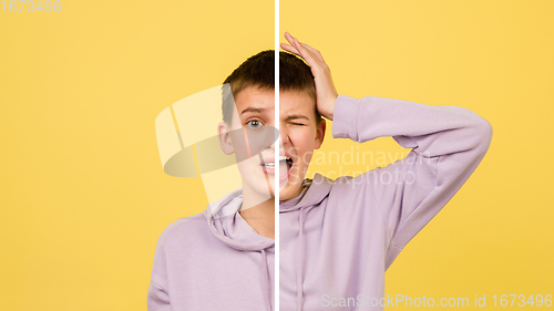 Image of Fun and creative combination of portraits of young girl with different emotions, various facial expression on splited studio background.