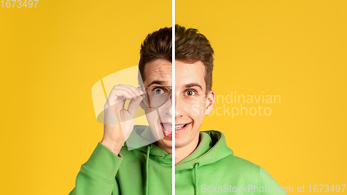 Image of Fun and creative combination of portraits of young guy with different emotions, various facial expression on splited studio background.