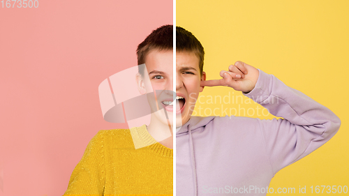 Image of Fun and creative combination of portraits of young girl with different emotions, various facial expression on splited studio background.