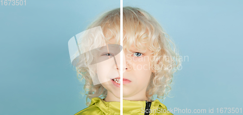 Image of Fun and creative combination of portraits of little boy with different emotions, various facial expression on splited studio background.