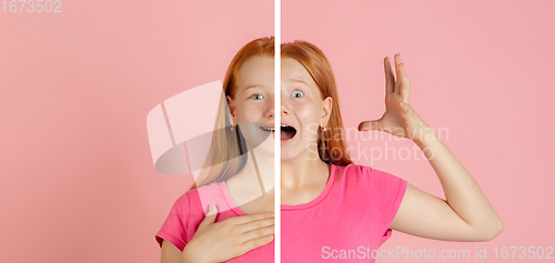 Image of Fun and creative combination of portraits of young girl with different emotions, various facial expression on splited studio background.