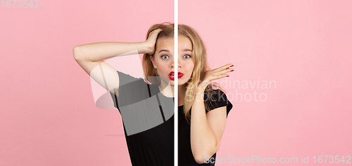 Image of Fun and creative combination of portraits of young girl with different emotions, various facial expression on splited studio background.