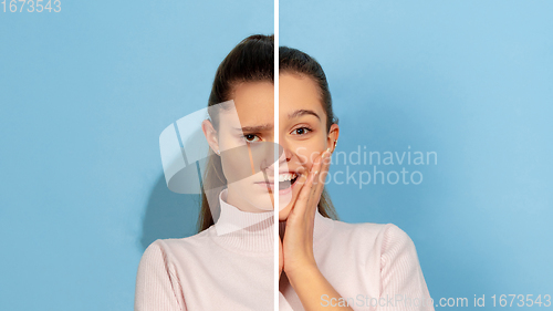 Image of Fun and creative combination of portraits of young girl with different emotions, various facial expression on splited studio background.