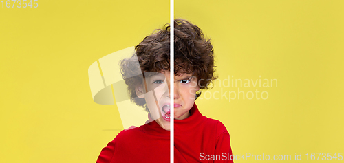 Image of Fun and creative combination of portraits of little boy with different emotions, various facial expression on splited studio background.