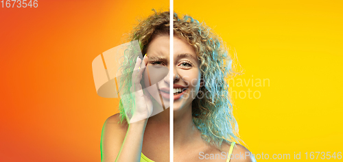 Image of Fun and creative combination of portraits of young girl with different emotions, various facial expression on splited studio background.