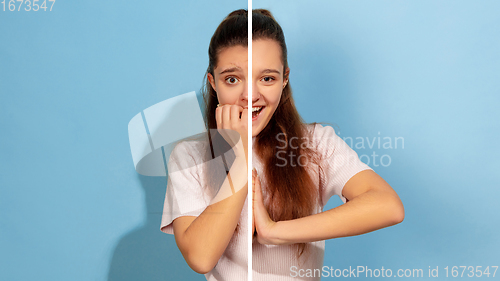 Image of Fun and creative combination of portraits of young girl with different emotions, various facial expression on splited studio background.