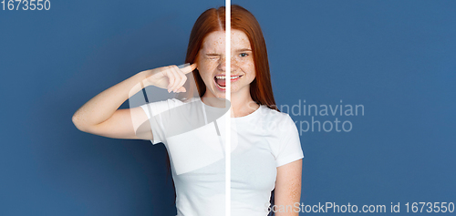 Image of Fun and creative combination of portraits of young girl with different emotions, various facial expression on splited studio background.