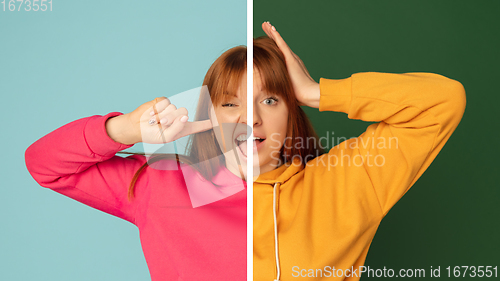 Image of Fun and creative combination of portraits of young girl with different emotions, various facial expression on splited studio background.