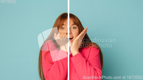 Image of Fun and creative combination of portraits of young girl with different emotions, various facial expression on splited studio background.