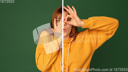 Image of Fun and creative combination of portraits of young girl with different emotions, various facial expression on splited studio background.