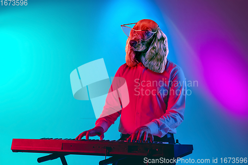 Image of Talented dog, professional musician performing on multicoloted background in neon light. Concept of music, hobby, festival, contemporary art collage. Modern design.