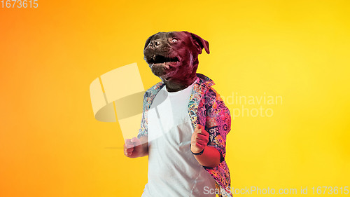Image of Talented dog, professional musician performing on yellow background in neon light. Concept of music, hobby, festival, contemporary art collage. Modern design.