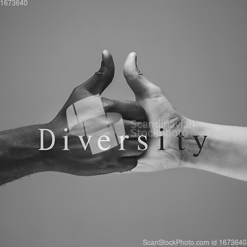 Image of African and caucasian hands gesturing on gray studio background, tolerance and equality concept