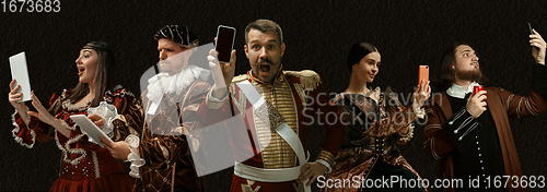 Image of Medieval people as a royalty persons in vintage clothing on dark background. Concept of comparison of eras, modernity and renaissance, baroque style.