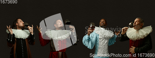 Image of Medieval men as a royalty persons in vintage clothing on dark background. Concept of comparison of eras, modernity and renaissance, baroque style.