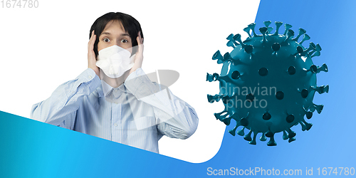 Image of Man in protective face mask isolated on white and fluid blue studio background. New rules of COVID spreading prevention