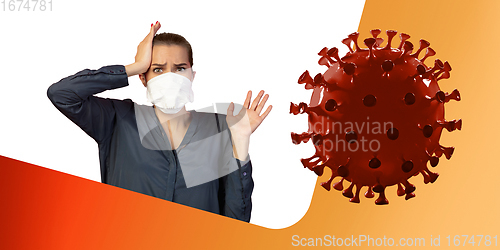 Image of Woman in protective face maskon white and orange fluid background. New rules of COVID spreading prevention