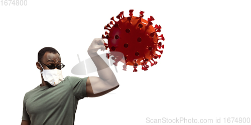 Image of Man in protective face mask isolated on white studio background. New rules of COVID spreading prevention