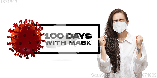 Image of Woman in protective face mask isolated on white studio background. New rules of COVID spreading prevention