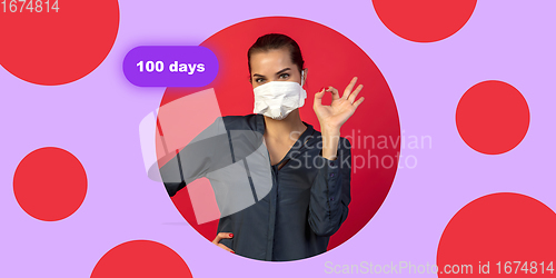 Image of Woman in protective face mask on bright studio background. New rules of COVID spreading prevention