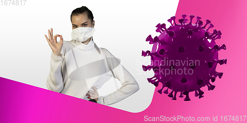 Image of Woman in protective face mask on white and fluid pink background. New rules of COVID spreading prevention