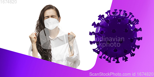 Image of Woman in protective face mask on white and purple fluid studio background. New rules of COVID spreading prevention