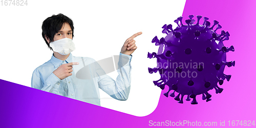 Image of Man in protective face mask isolated on white and fluid purple studio background. New rules of COVID spreading prevention