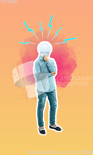 Image of Contemporary art collage. Young man headed of electric bulb thinks.