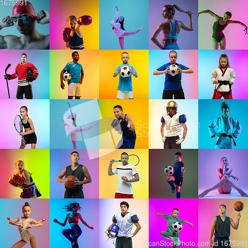 Image of Sport collage of professional athletes on multicolored neoned background. Concept of motion, action, power, active lifestyle.