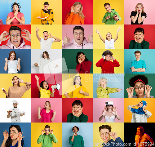 Image of Collage of faces of emotional people on multicolored backgrounds. Expressive male and female models, multiethnic group, bright colors combination