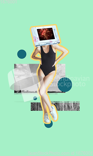 Image of Contemporary art collage. Young slim girl headed of device screen.