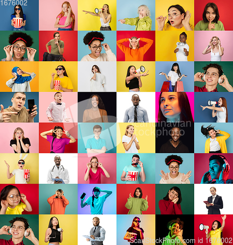 Image of Collage of faces of emotional people on multicolored backgrounds. Expressive male and female models, multiethnic group, bright colors combination