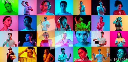Image of Collage of faces of emotional people on multicolored backgrounds. Expressive male and female models, multiethnic group, bright colors combination in neon