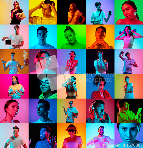 Image of Collage of faces of emotional people on multicolored backgrounds. Expressive male and female models, multiethnic group, bright colors combination