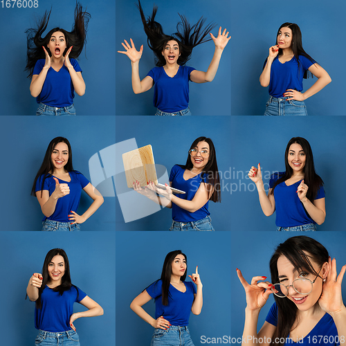 Image of Collage made of photos of beautiful female\'s half-length portraits isolated on blue studio background.