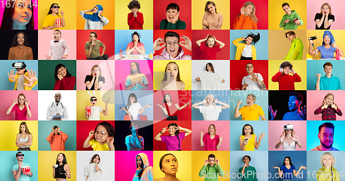 Image of Collage of faces of emotional people on multicolored backgrounds. Expressive male and female models, multiethnic group, bright colors combination