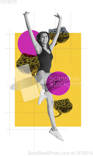 Image of Happy girl dancing isolated on geometric background. Art collage.