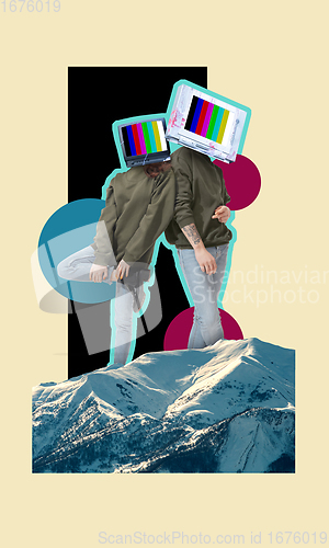 Image of Abstract collage. Stylish and fashionable woman and man headed of tv set.