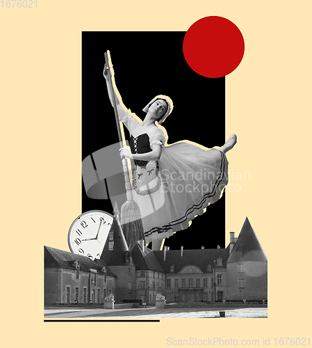 Image of Graceful girl ballet dancer dancing over city background. Art collage.