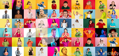 Image of Collage of faces of emotional people on multicolored backgrounds. Expressive male and female models, multiethnic group, bright colors combination