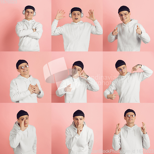 Image of Collage made of photos of beautiful male\'s half-length portraits isolated on pink studio background.