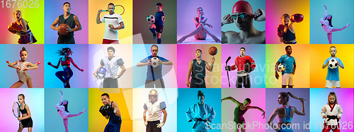 Image of Sport collage of professional athletes on multicolored neoned background. Concept of motion, action, power, active lifestyle.