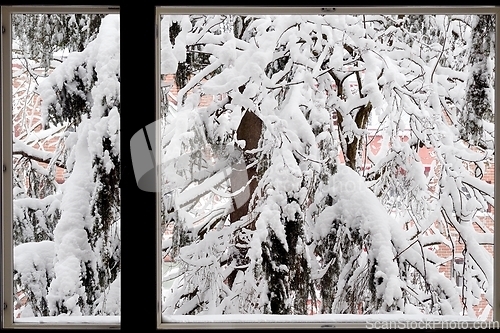 Image of winter view from the window in Finland, fir branches covered wit