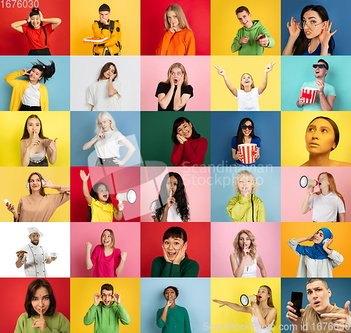 Image of Collage of faces of emotional people on multicolored backgrounds. Expressive male and female models, multiethnic group, bright colors combination